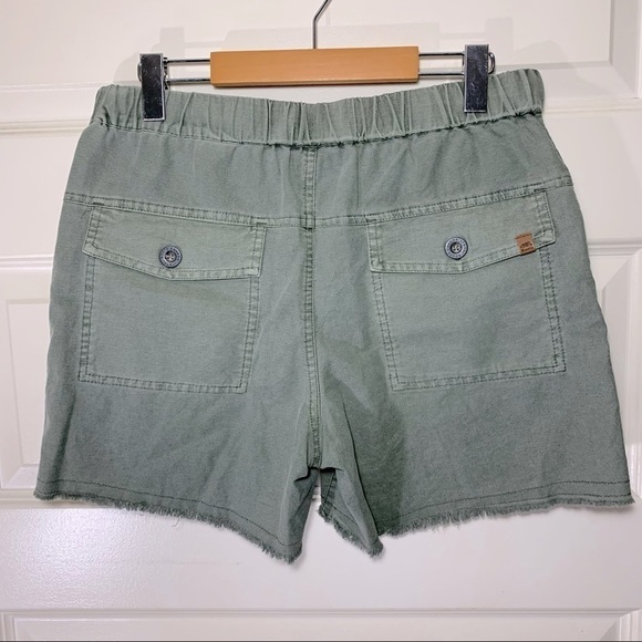 𝅺roots Raw Hem Shorts Cotton Linen Washed Green Sz Small Elastic Waist Pull on - Picture 3 of 11